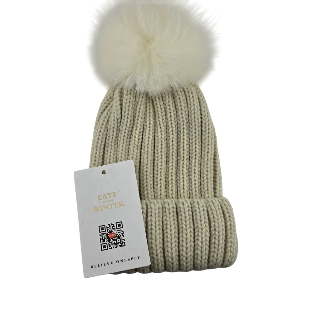 Late Winter Knit Pom Pom Beanie Hat Womens OS Cream NEW Cozy Winter Minimalist